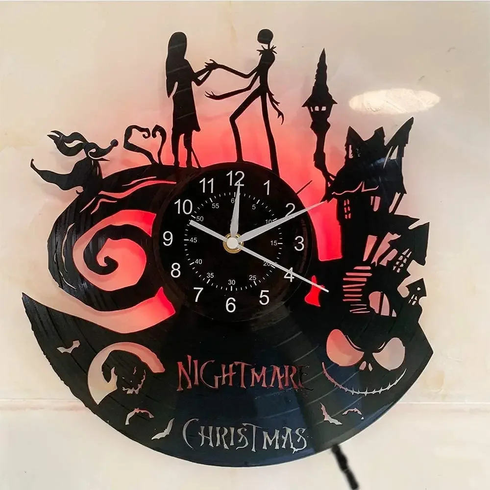 Christmas Nightmare Vinyl Record Wall Clock Creative with 7Color Glowing Night Light Clock 12Inches Handmade Home Decor Gifts