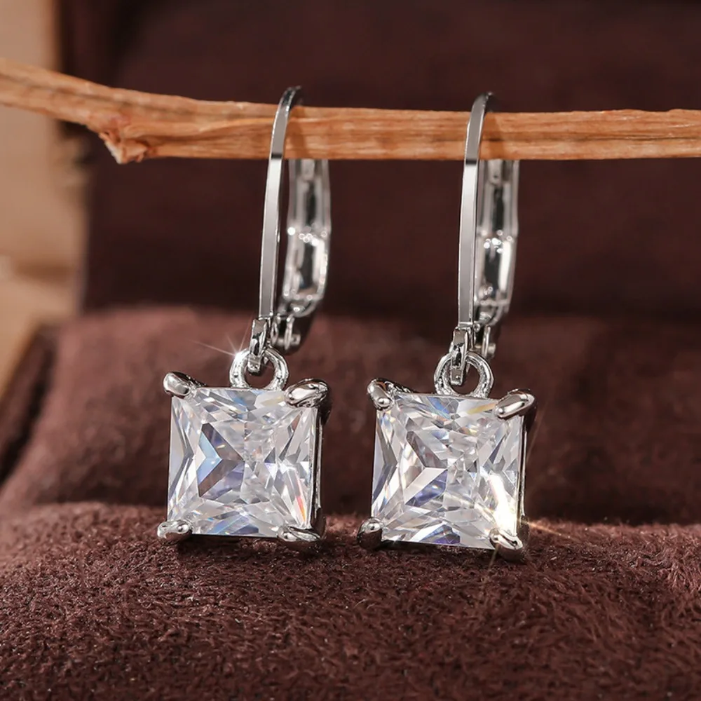 New Luxury Simple Silver Tone Stainless Steel Princess Cut Square 5A Zircon Leverback Dangle Earrings for Women Fashion Jewelry