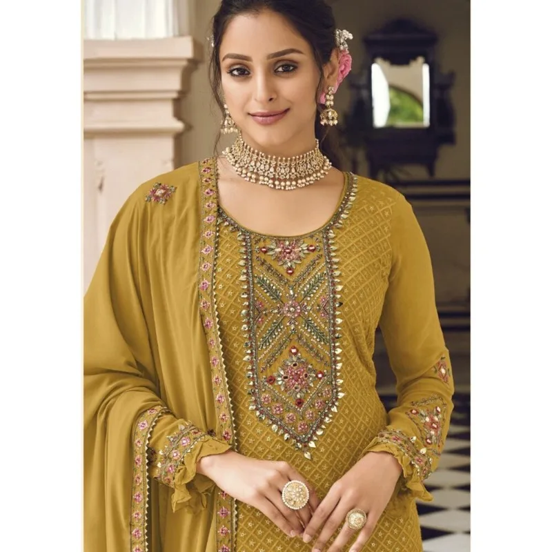 Mustered Color Indian Wedding Haldi Ceremony Wear Bridal Salwar Kameez Pant Suit