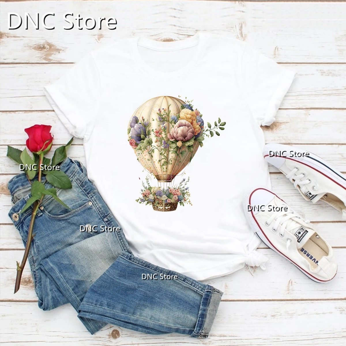 2024 New Women's T-shirt Fun Watercolor Flower Hot Air Balloon Graphic Print Tshirt Fashion Trend Femme T Shirt O-neck Shirt Top