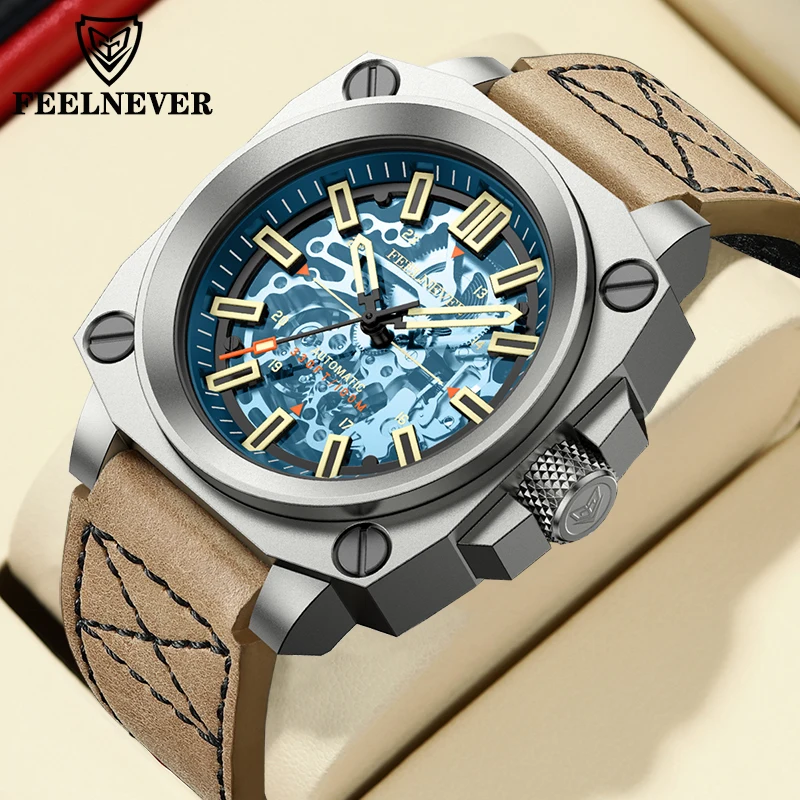 

FeelNever Mechanical Watch Original Casual Sport Leather Strap Automatic Watches for Men 100M Waterproof Luminous Wristwatch+Box