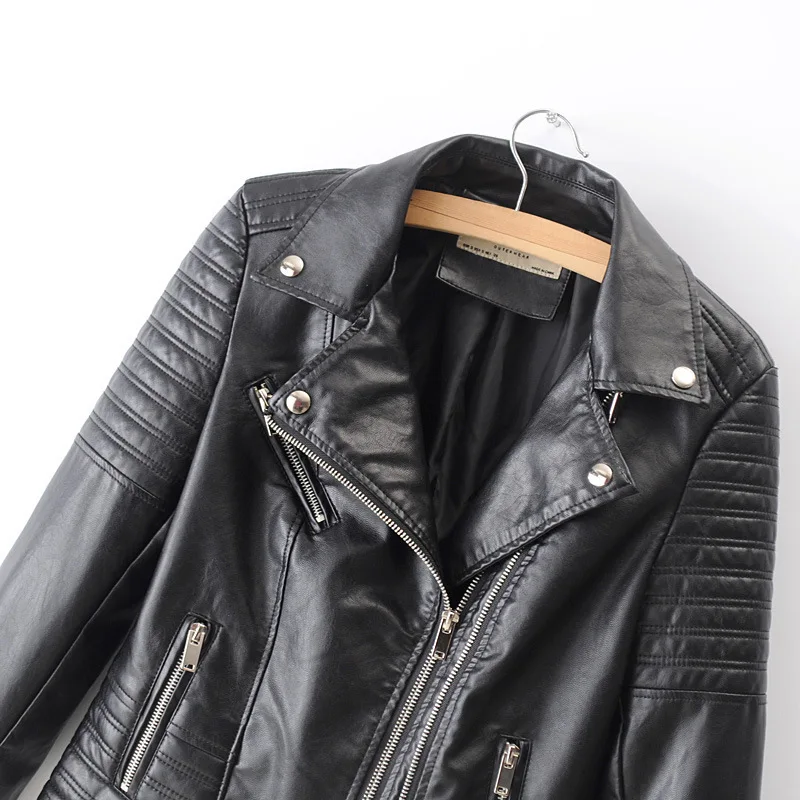 Mulheres preto jaqueta do plutônio primavera outono estilo europeu americano roupas lapela motocicleta turn-down colarinho couro do plutônio casaco com zíper