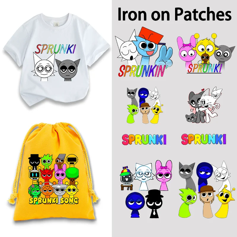 Sprunki Iron on Patches Cute Cartoon Printed Fashion Heat Transfer Stickers Birthday DIY Clothes Handbags Gifts Clothing Decals