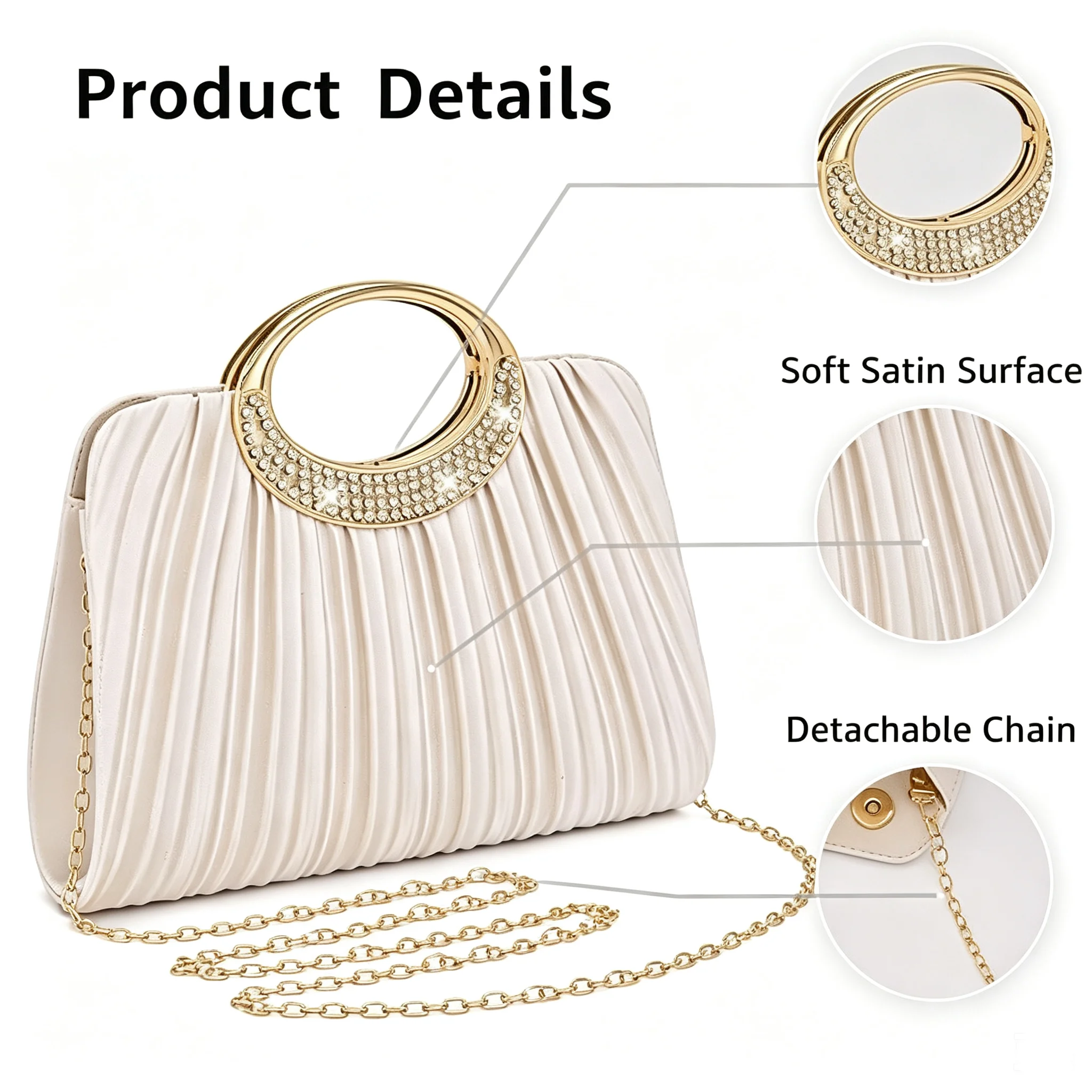 Women Pleated Evening Bag Rhinestone Metal Ring Handle Clutch Purse Removable Chain Shoulder Crossbody Handbag For Wedding Party Prom view 5