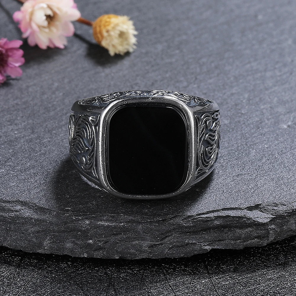 Men's Black Agate Wedding Band Ring, Gift