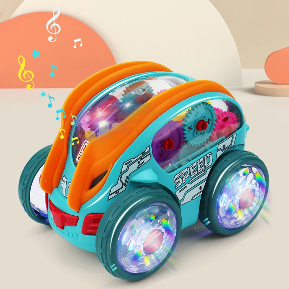 Light Up Transparent Gear Car Toy Bump and Go Toy Car Toddler Trucks Stunts Somersaults Car Birthday Christmas Gifts for Kids