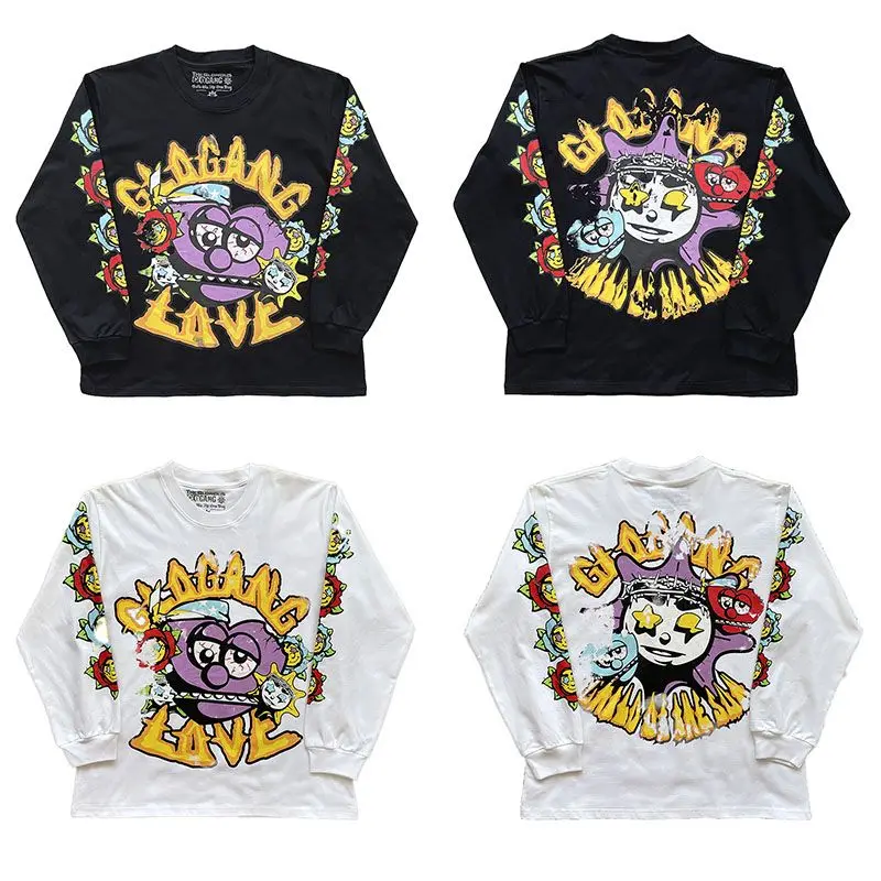 Men Heavy Cotton Long Sleeve T-Shirt Glo Gang Colorful Cartoon Graffiti Front Back Full Sleeve Print Top