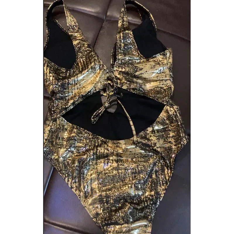 Sexy Metallic Golden One Piece Swimsuit Women Ring Bathing Suit String Swimwear Cut Out Monokini Summer Beach Swim Suit Bather