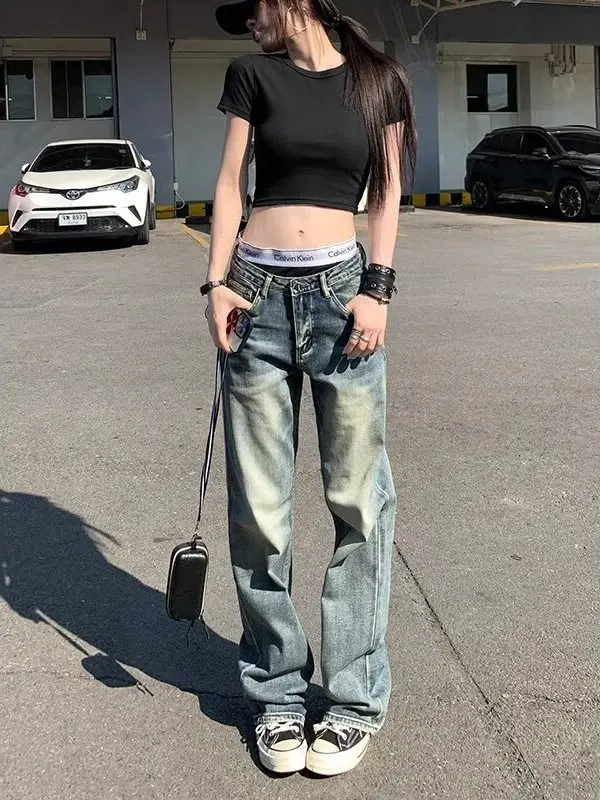 High Waist Wide Leg Vintage Washed Slim Fit Jeans Women's Loose Hanging Straight Tube Pants Casual Comfortable Denim Trousers