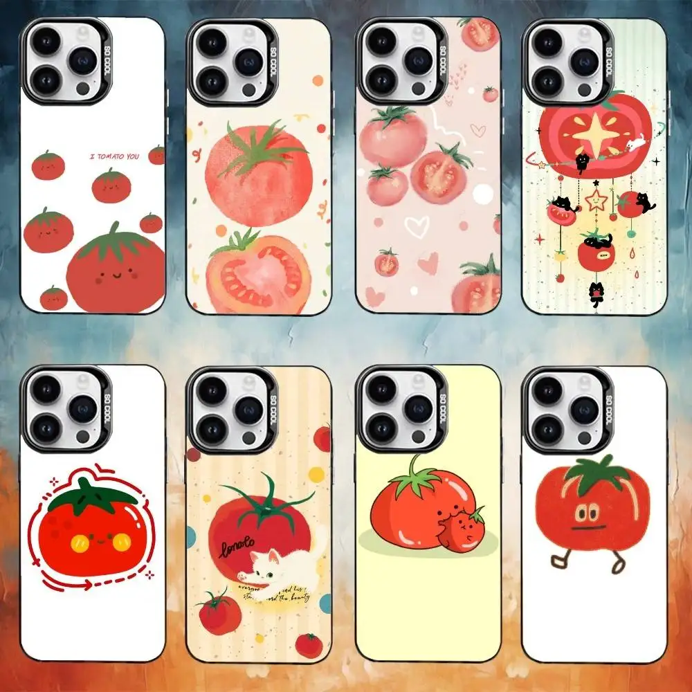 

Lovely Tomato Pattern Phone Case For iPhone 17,16,15,14,13,12,11,Pro Max,Plus black Candy Silver Cover