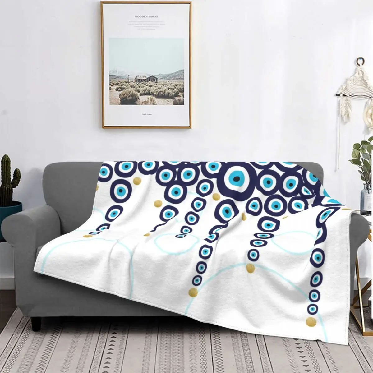 Evil Eye Hanging Beads In Blue And Gold Blanket Warm Fleece Soft Flannel Nazar Hamsa Boho Throw Blankets for Bedroom Couch Home