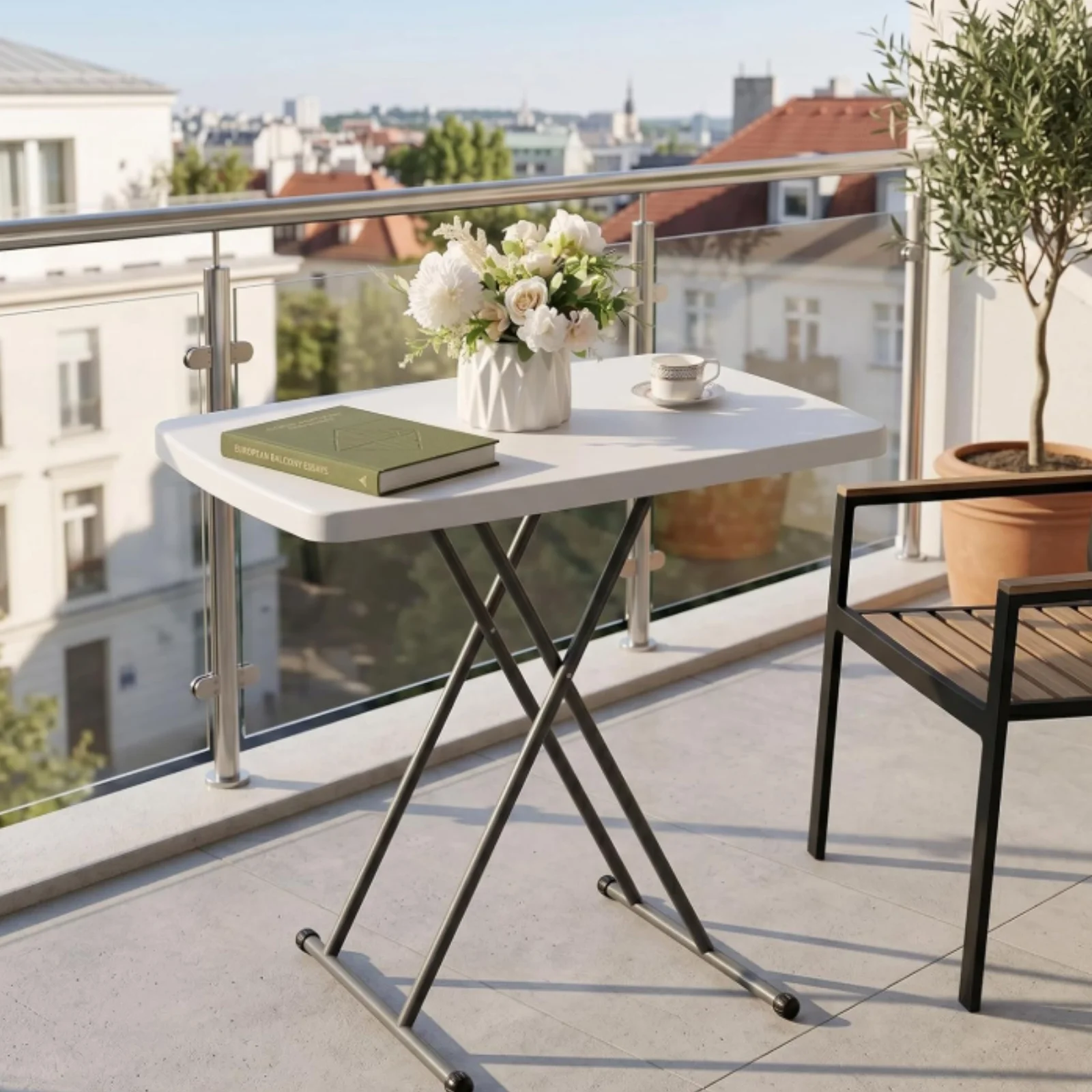 Mesa plegable, 76x50cm, altura ajustable, adecuada para jardines, balcones, cocinas, camping, picnics, fiestas, comidas en interiores/exteriores, blanca.