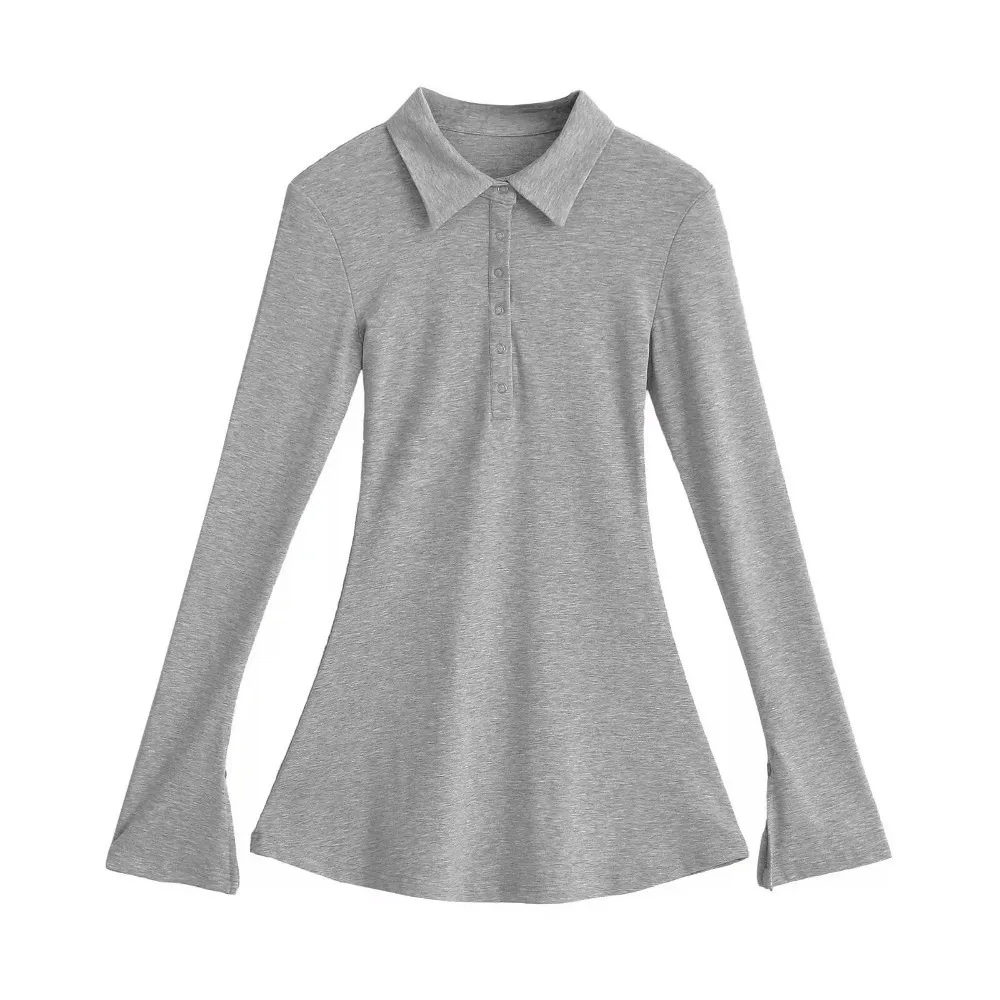 T-shirt élégant à col rabattu coupe ajustée style coréen Ins, haut à manches cloche couleur unie, design Spicy Girl pour femme