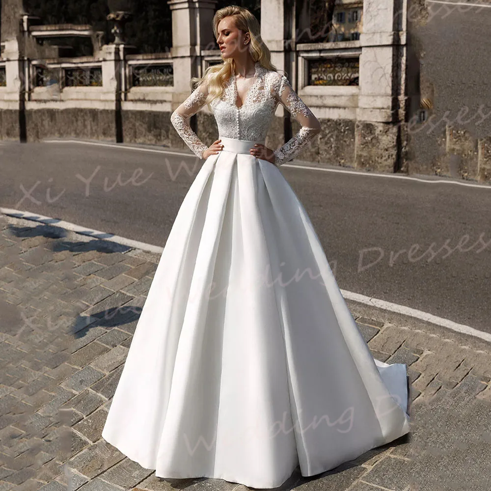 Generoso A Line Abiti da sposa da donna Applicazioni in pizzo Abiti da sposa Sexy scollo a V Manica intera Principessa Vestido De Noivas personalizzato