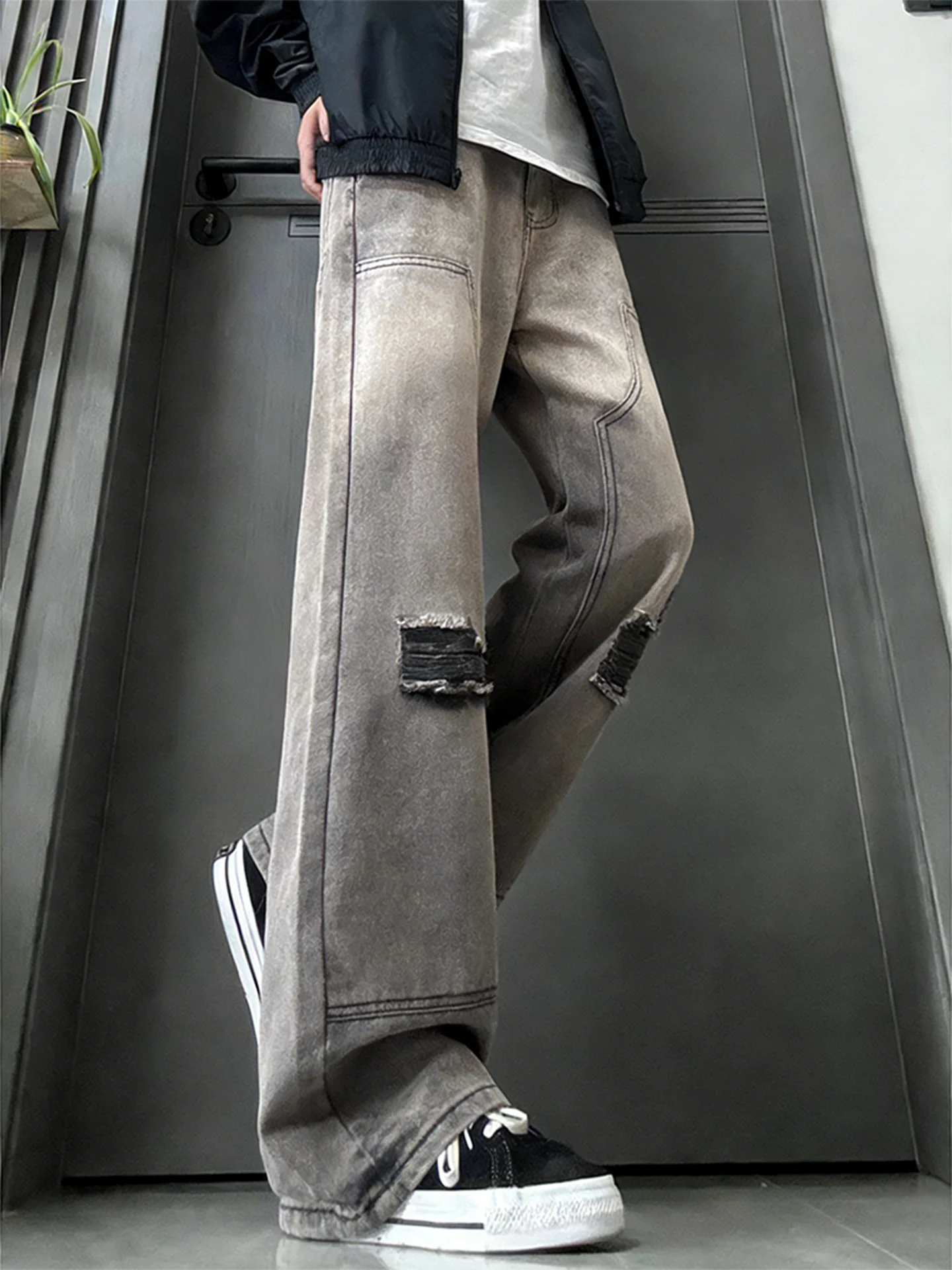 

American Retro ey Hole Micro Flared Jeans Men's Waed Old Sle Cleanfit Straight Slimming Knife Pants Casual Youth Jeans