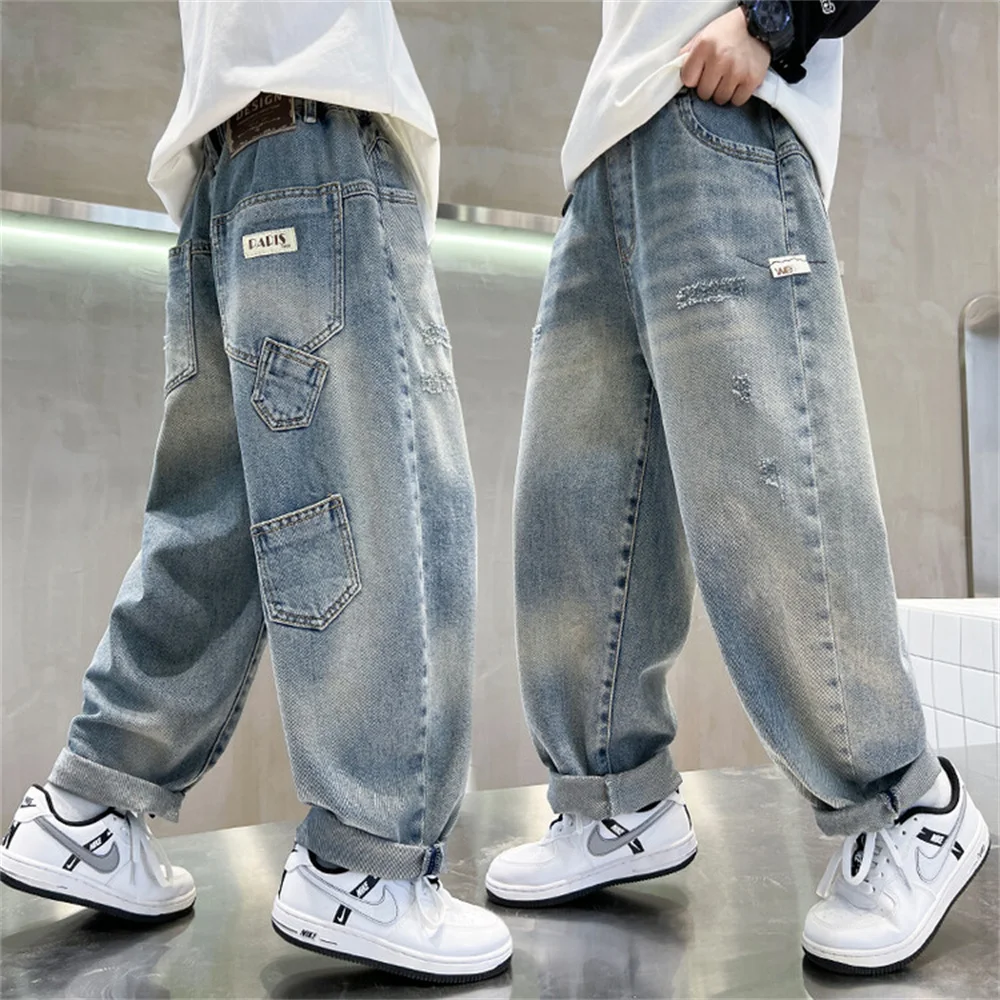 81012 Korean Version Of Boys Street Dance Jeans Boys\' Jeans Children\'s Side Pockets Kid Jeans Denim Cargo Pants