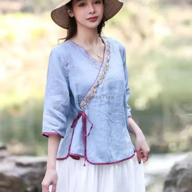 2024 Chinese women elegant blouse cotton linen embroidery ethnic style comfortable loose top comfortable oriental hanfu blouse