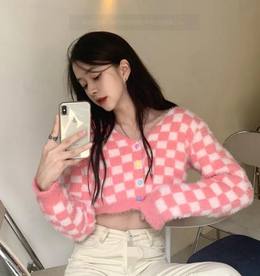 

Cardigan Women Spring Cropped Knitting Plaid Sweet Girls Lovely All-match Stylish Chic Graceful Fashion Students Newly Ulzzang