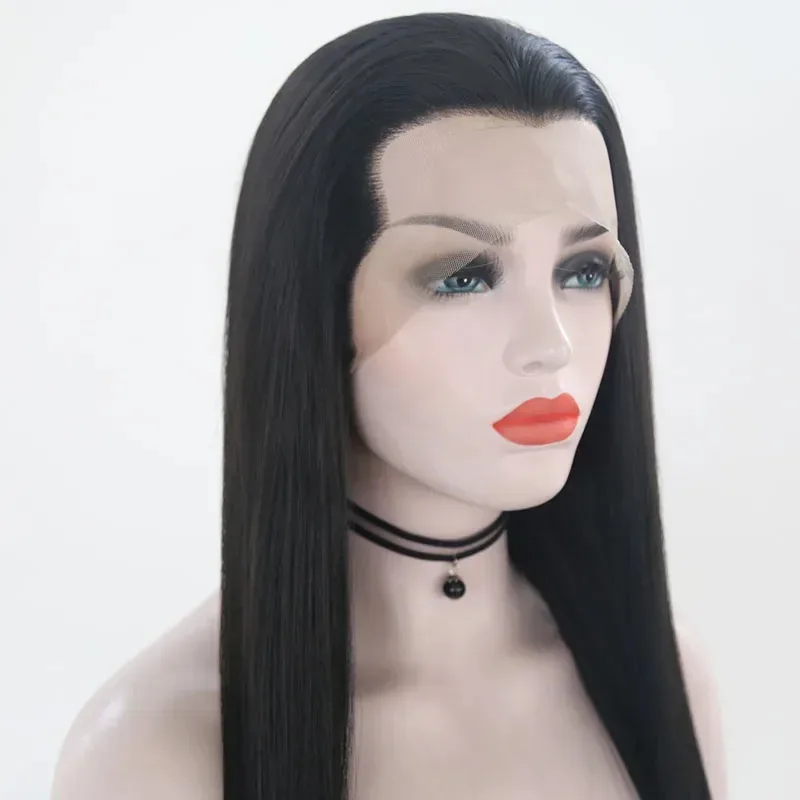 AIMEYA Free Part Black Front Wig Long Silky Straight Synthetic Lace Wigs High Temperature Hair for Men or Women Cosplays;3,k8't,