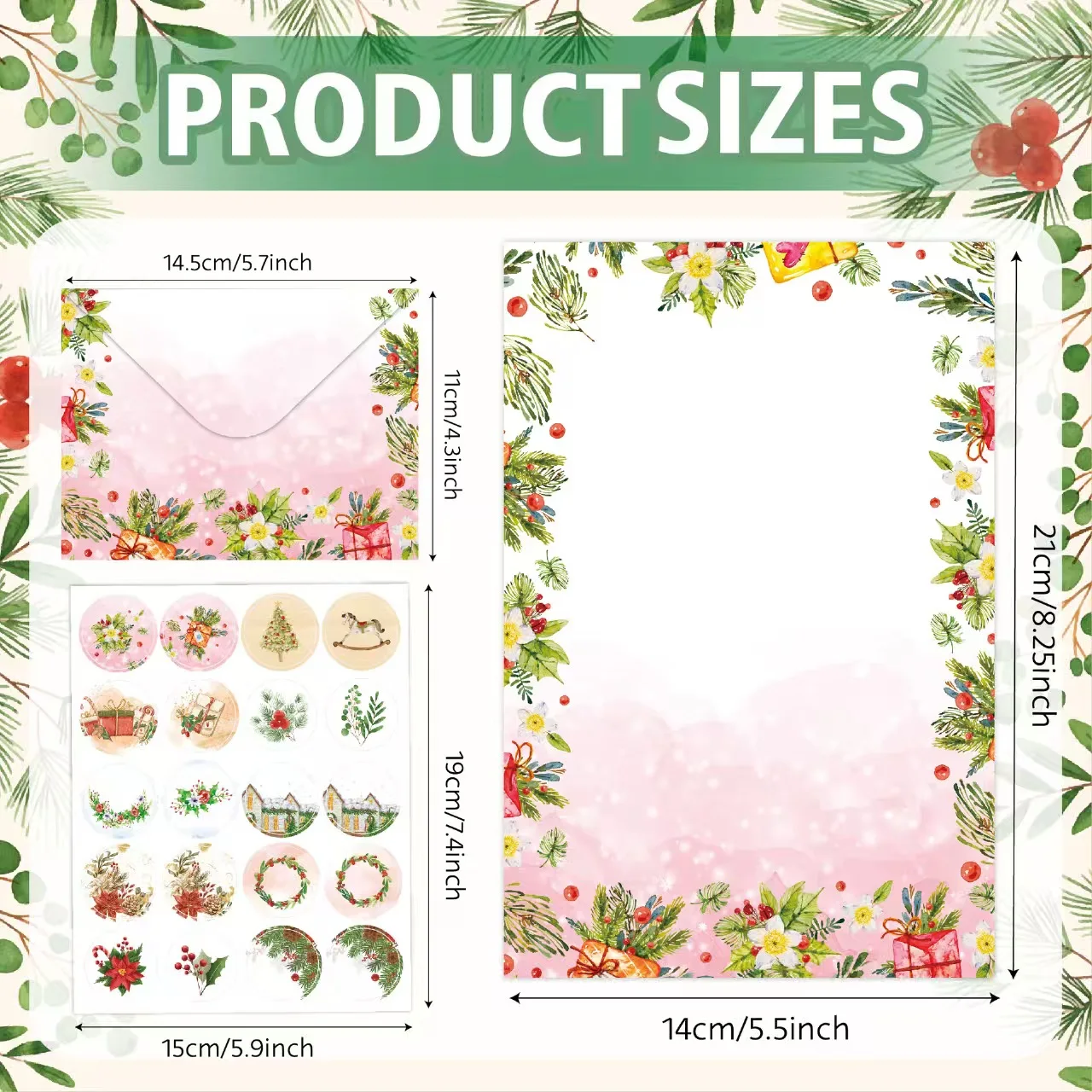 مجموعة قرطاسية عيد الميلاد الجديدة مكونة من 160 قطعة مع مغلفات وملصقات، 50 ورقة كتابة، 50 ظرفًا متطابقًا، 60 ملصقًا للختم