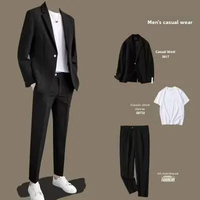 Korean Style Slim Fit Men's Suits Blazers For Wedding Business Casual Pants Cropped Trousers Casual Suits