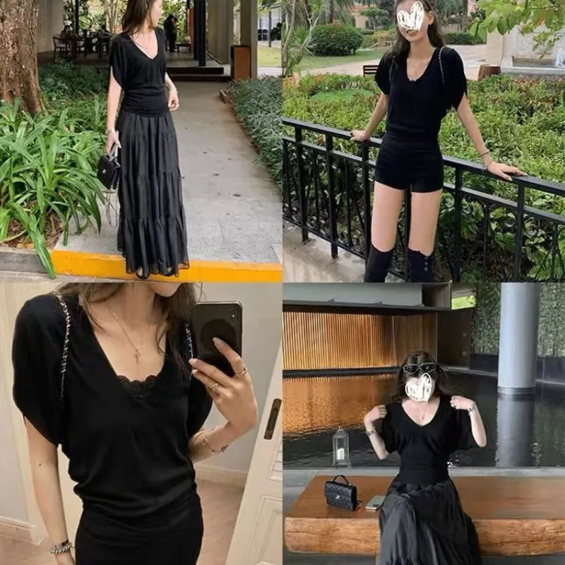 Luie stijl Los T-shirt met V-hals en korte mouwen Damesbasislaag Vleermuismouwen Cover-up + Kanten achterkant Tweedelige topset voor dames