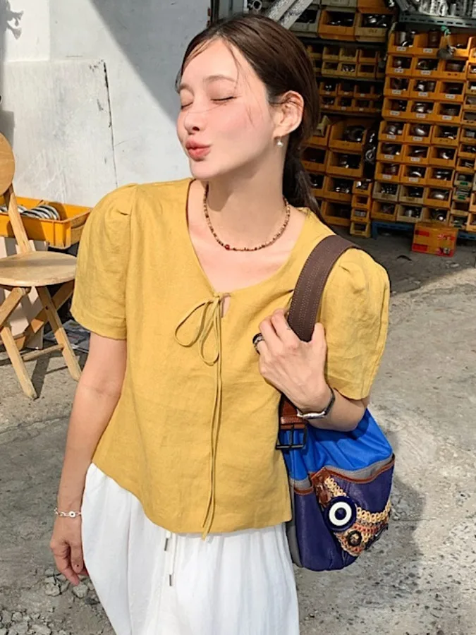 Csa Fena de Manga Curta com Manga Bufante Design Versátil Verão 2025 Csa Casual Faion Fena Top de Qualidade P...