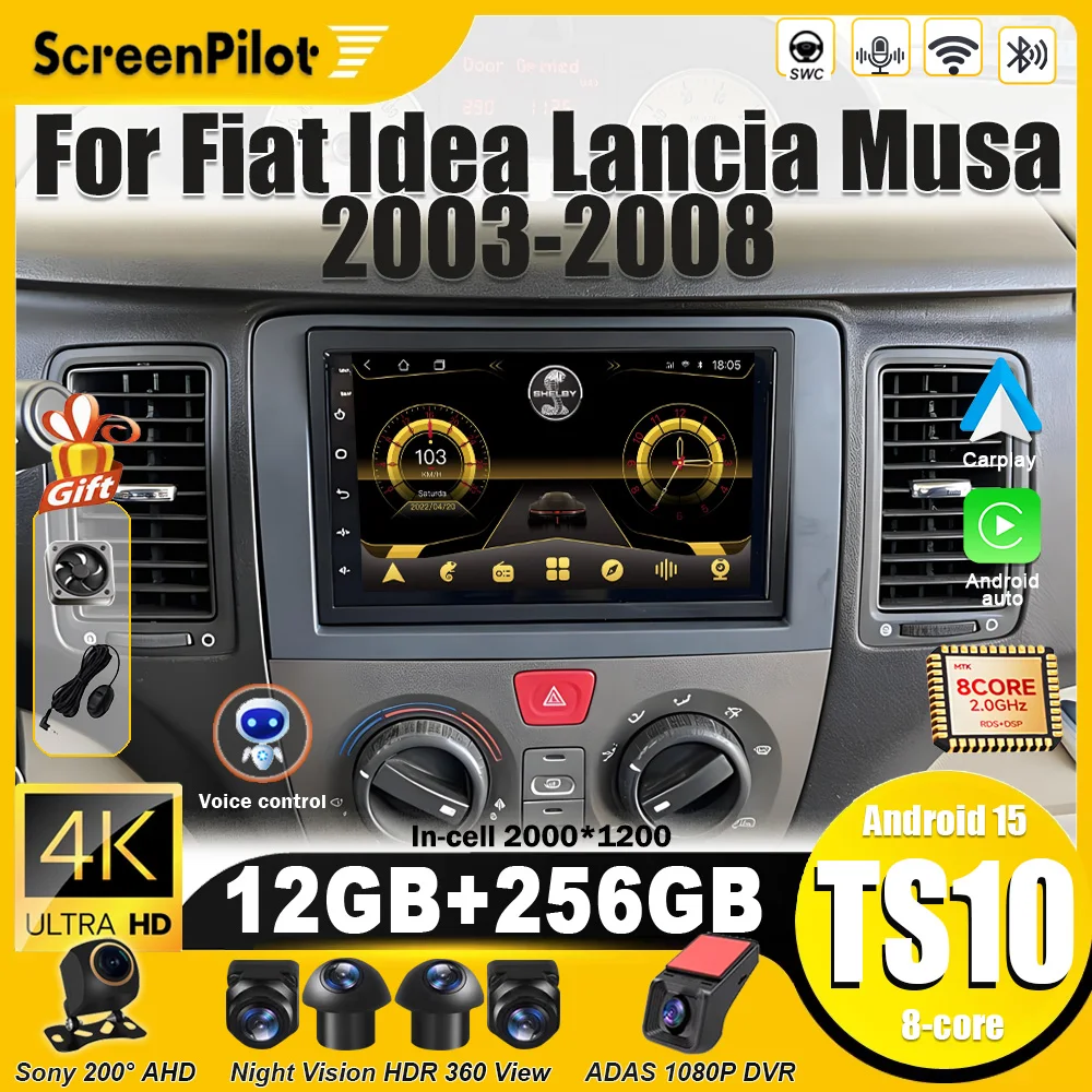Radio para coche para Fiat Idea Lancia Musa 2003-2008, reproductor multimedia Android 16 con Carplay, Bluetooth 5G, pantalla táctil QLED, BT DV