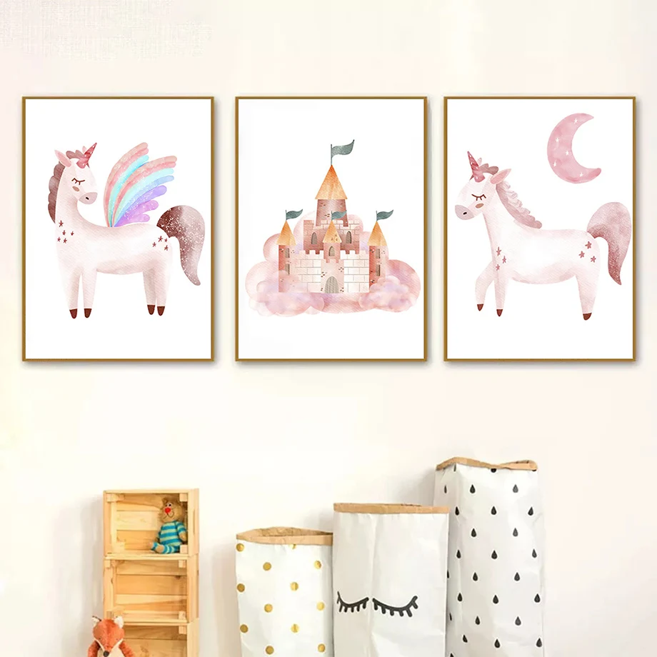 Pink Lovely Dance Girl Castle Unicorn Swan Wall Art Canvas Painting Nordic Posters And Prints Wall Pictures For Kids Room Decor