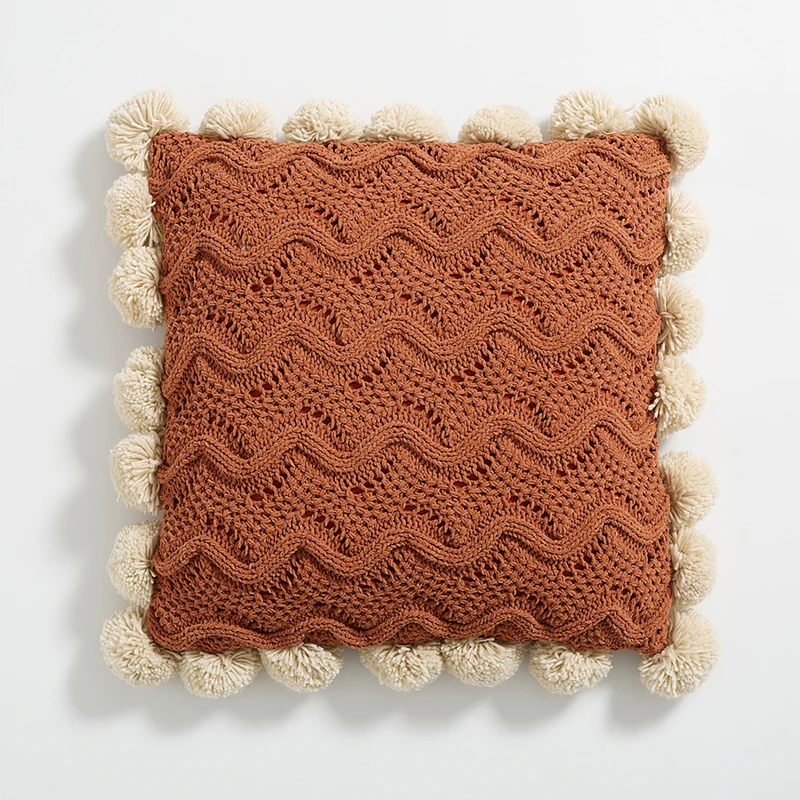 Soft Cushion Cover Pompom Ball Ivory Burnt Orange Grey Knit Nordic Style Pillowcase 45*45cm For Sofa Bed Room Home Decorative
