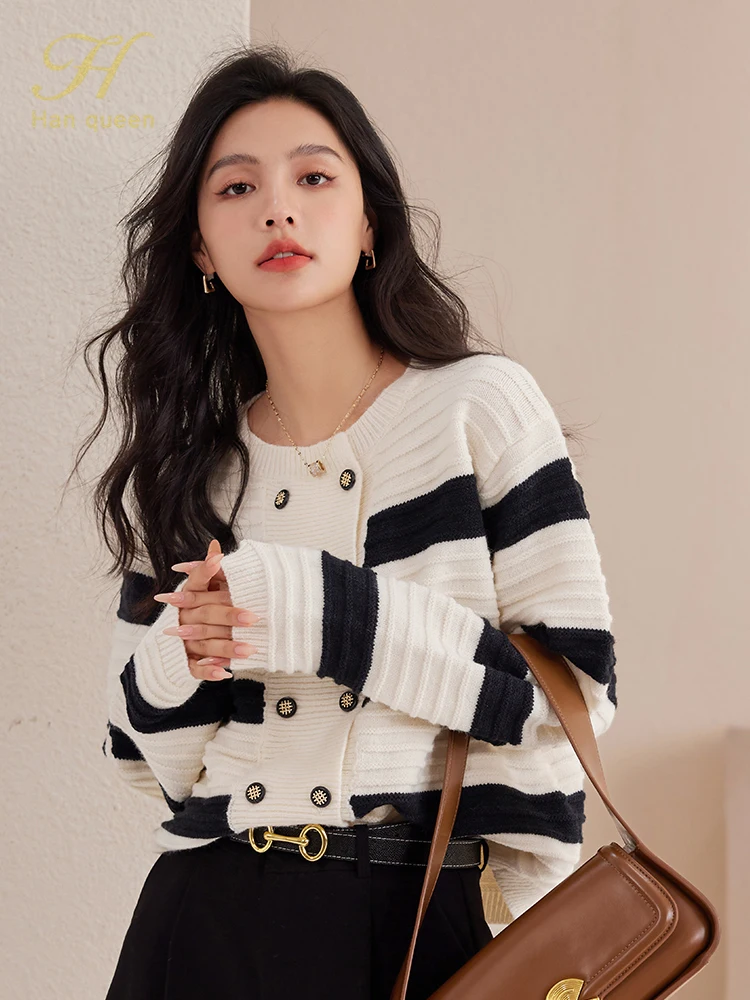 H Han Queen 2024 Autumn Fashion Double-Breasted Knitted Coats Cardigan Sweater Women\'s Tops Basic Striped Long Sleeve Cardigans