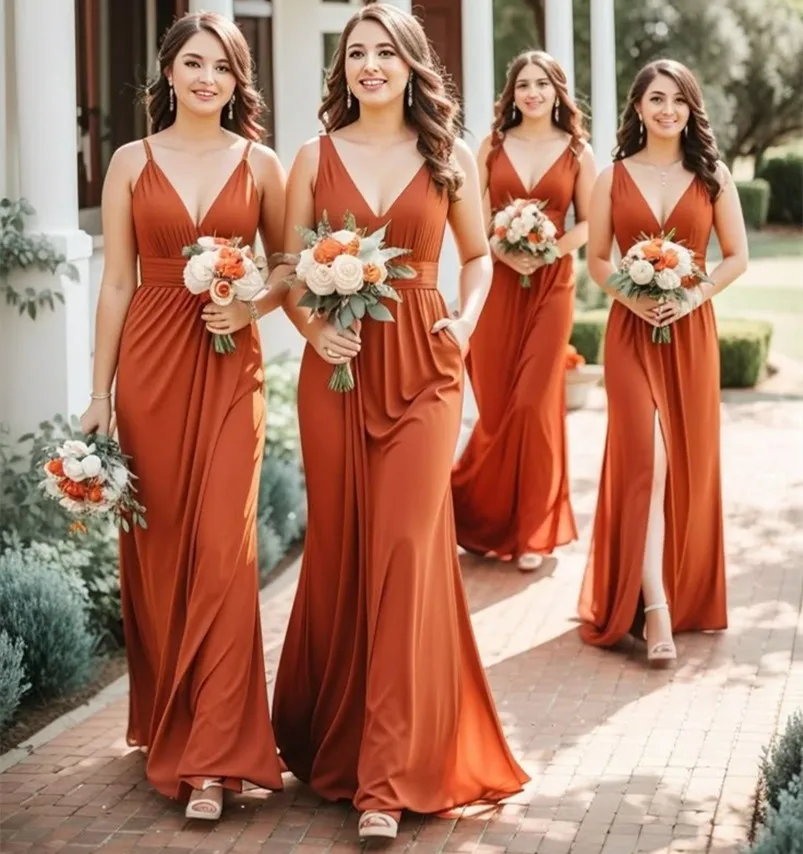 

Customized Long Chiffon Bridesmaid Dresses with Slit A-Line Spaghetti Orange Floor Length Zipper Back Evening Dress for Women