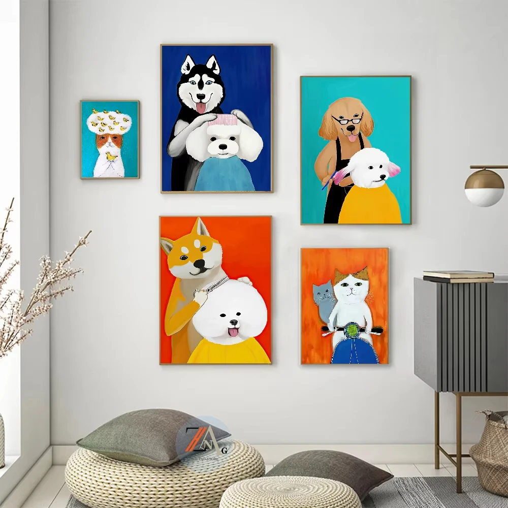 1PC frameless decorative art print,Abstract Cartoon Cat and Dog Fun Wall Art Barber Dog Cat DJing to Music Sewing Machine Retro