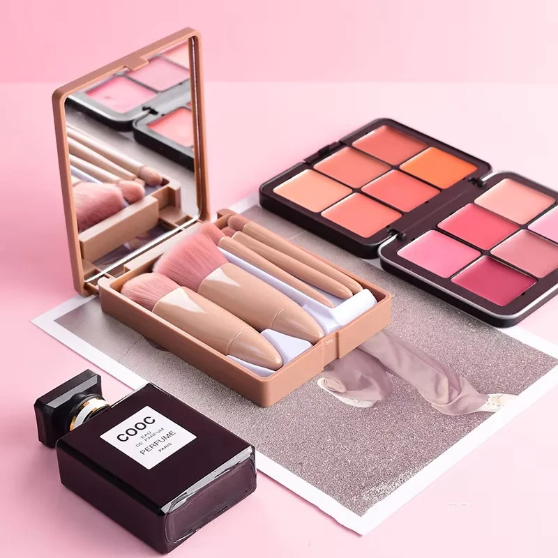 Espelho de bolso dobrável espelho de maquiagem com conjunto de escova de maquiagem led toque portátil caixa de armazenamento de uma face espelho de maquiagem presente de natal