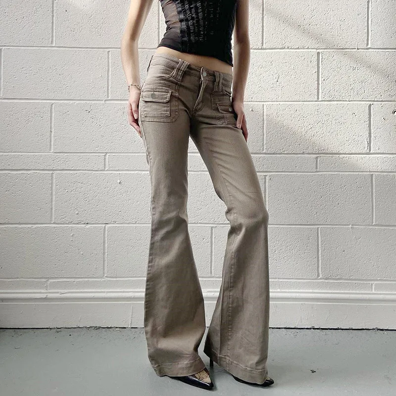 Personalized American Retro Workwear Style Pocket Denim Micro Flared Pants Design Distressed Low Waist Spicy Girl Casual Pants