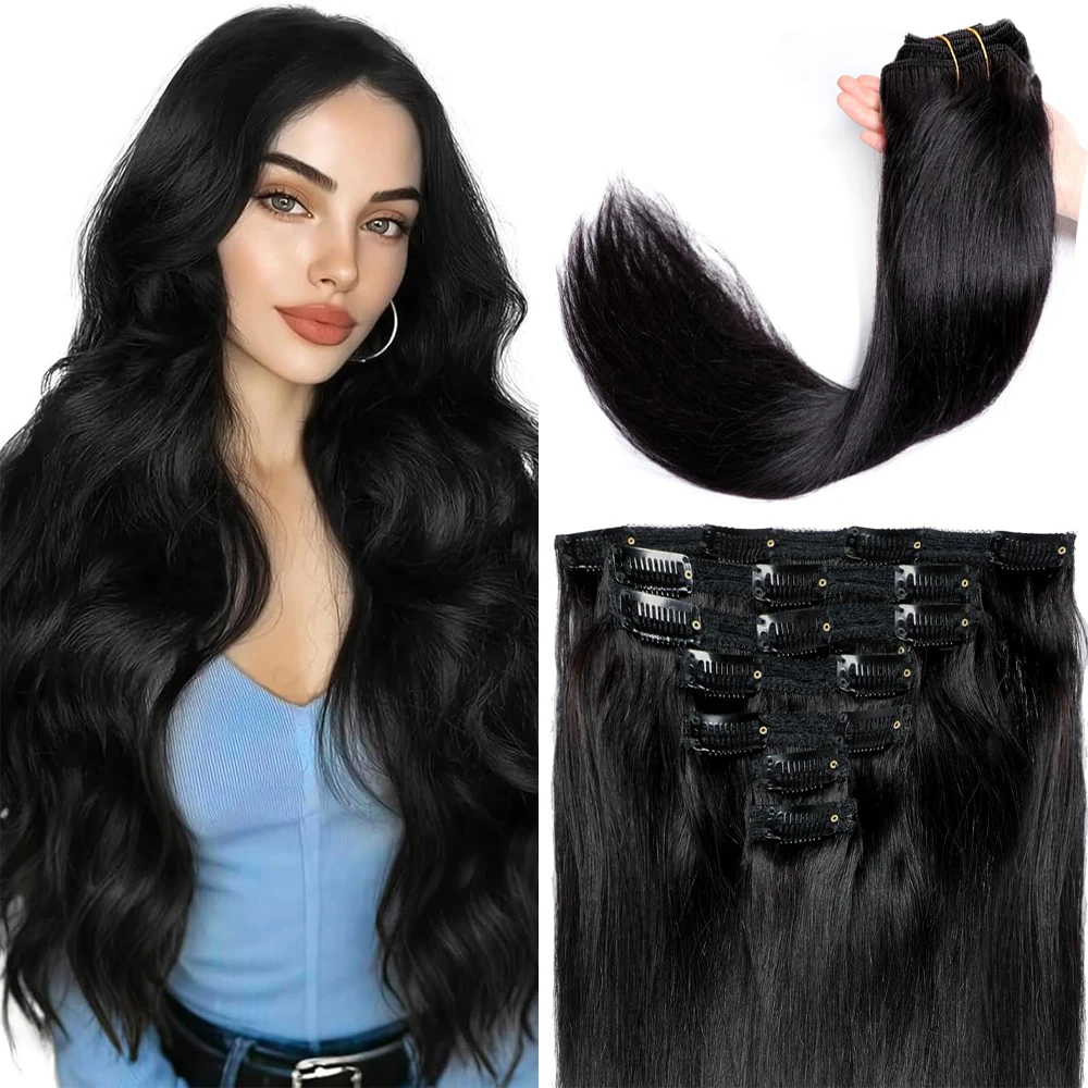 26 Inch Clip In Hair Extensions Straight 100% Human Hair 8Pcs/Set 120g Natural Black Full Head Seamless Clips Ins Brazilian Hair