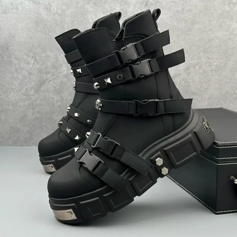 2024 Men's Winter Thick-soled Heightening Metal Punk Style Buckle Short Darth Vader Trend Fashion Boots