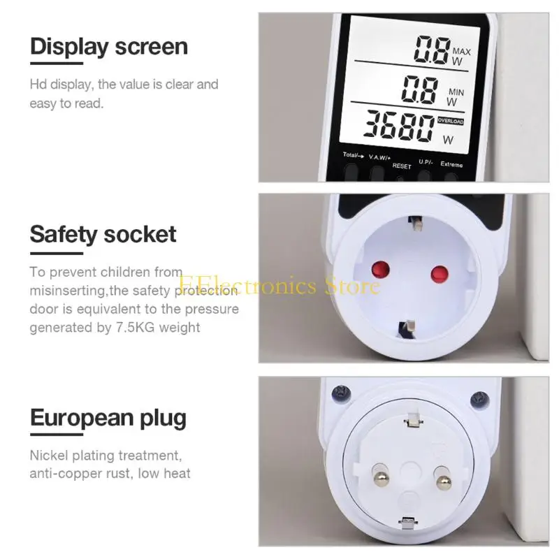 B03C Rechargeable Power Usage Monitor Socket Watt Meter Overloads Protections 3680W Threshold LCD Screen Standard