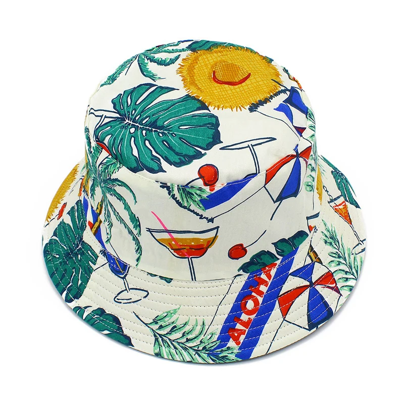 Bocca Hawaii Style Bucket Hat Cartoon Coconut Trees Fisherman Hats Double Sides Panama Cap Beach Outdoor Travel Summer Sunscreen