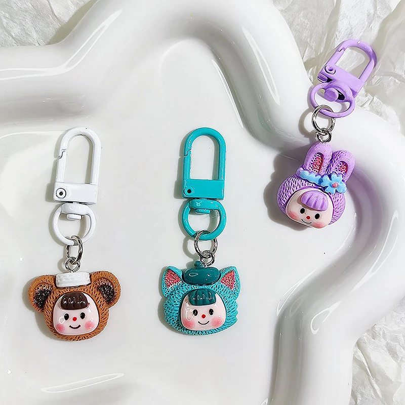 Charm Kawaii Pendant Cute Resin Cartoon Snack French Fries Small Round Face Keychain For Women Girls Kids Car Bag Lovely Gift