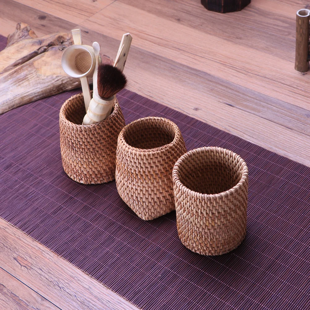 

1pc Rattan Woven Tea Set Basket Tea Storage Container Multi-Purpose Pen Holder Organizer Round Top Square Bottom Handmade