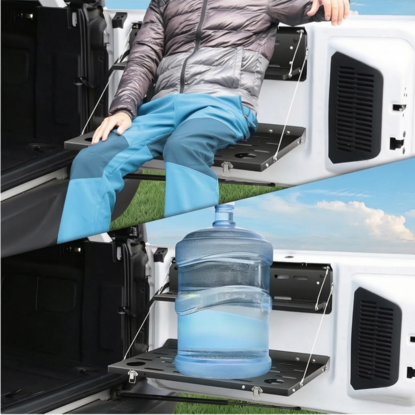Two-Tier Tailgate Table Stable Foldable Double-Layer Shelf Tailgate Shelf with Support Cables Black Low-Profile for Campers