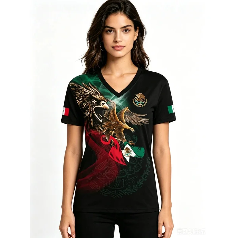 Women's T-shirt featuring a 3D Mexican flag eagle design—a stylish, casual summer top with a V-neck and short sleeves.