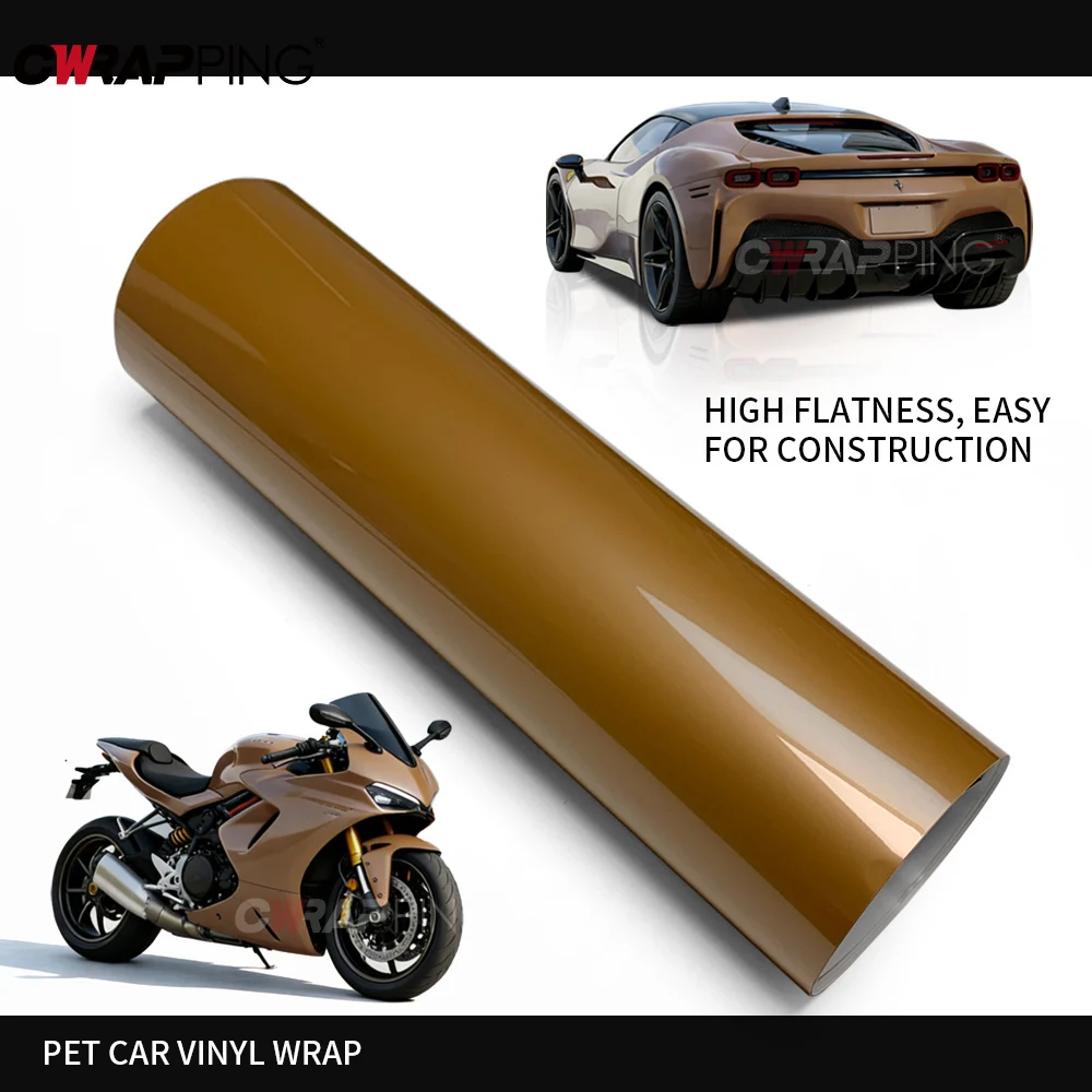 

PET Car Wrap Vinyl for Motorcycle Caramel Brown Car Wrapping Film Waterproof Shiny Glossy Self-adhesive Sticker Decals Graphics