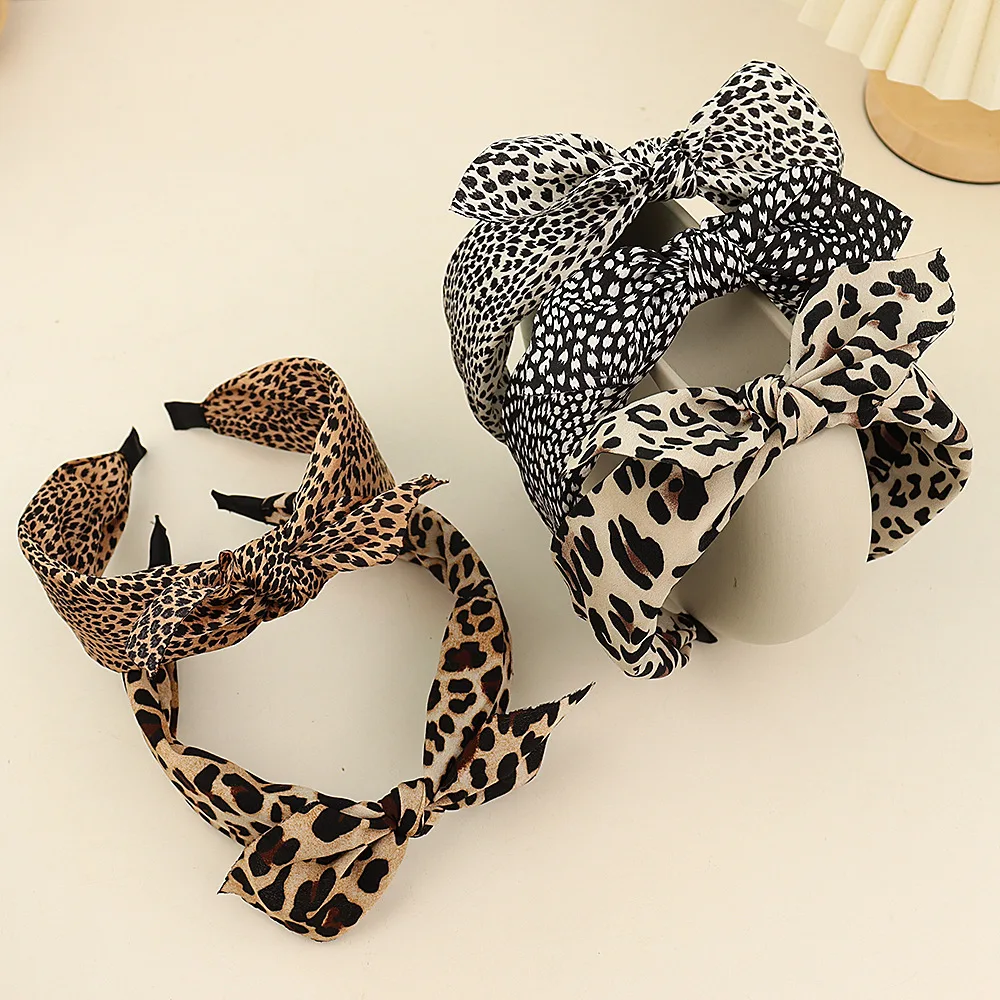 Leopard Print Bow Headband Temperament Knotted Mesh Plastic Headband With Teeth Non-Slip Wide Edge Headband Face Hair Accessory