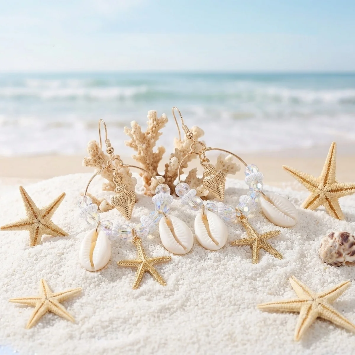 Kristall-Kreis Muschel Seestern Quasten-Ohrringe für Damen und Herren Boho Ozean Seepferdchen Ohrringe Trendiger Sommer-Strandschmuck – Detail 17