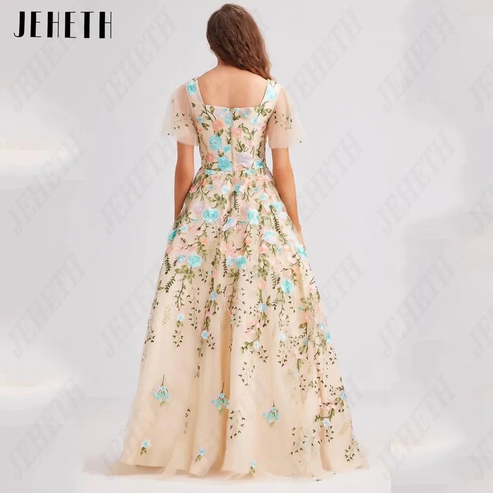 Jeheth Flower Lace dance dress embroidery Flower Lace a short Sleeve TUL Party dress Square neckJEHETH vestido De fiesta De encaje De flores, bordado Floral, línea A, manga corta, tul, cuello cuadrado, Vestidos De Gala