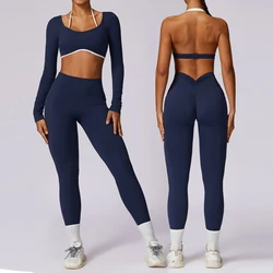 Women V Back Leggings Sets Gym Outfit Fitness Halter Bras leggins Outdoor Yoga Pants Push Up Tights Sports Suits Nylon