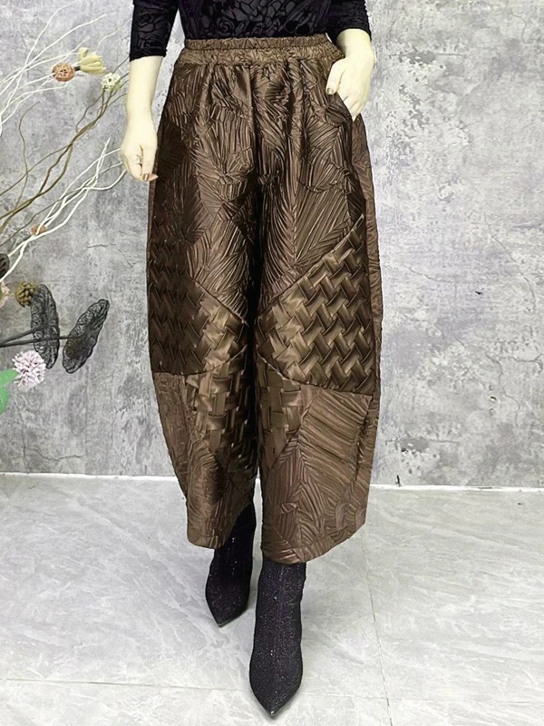 Ele Pantalones casuales de talla grande para mujer, pantalones harén de nueve medias, cintura alta, empalme personal, corte holgado, fibra de poliéster