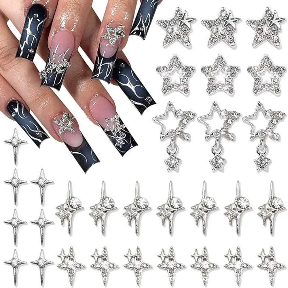 10pcs Gold/Silver 3D Star Nail Charms Hollow out Gems Crystal Decoration for Manicure DIY Shinny Starlight Y2K Supplies Parts